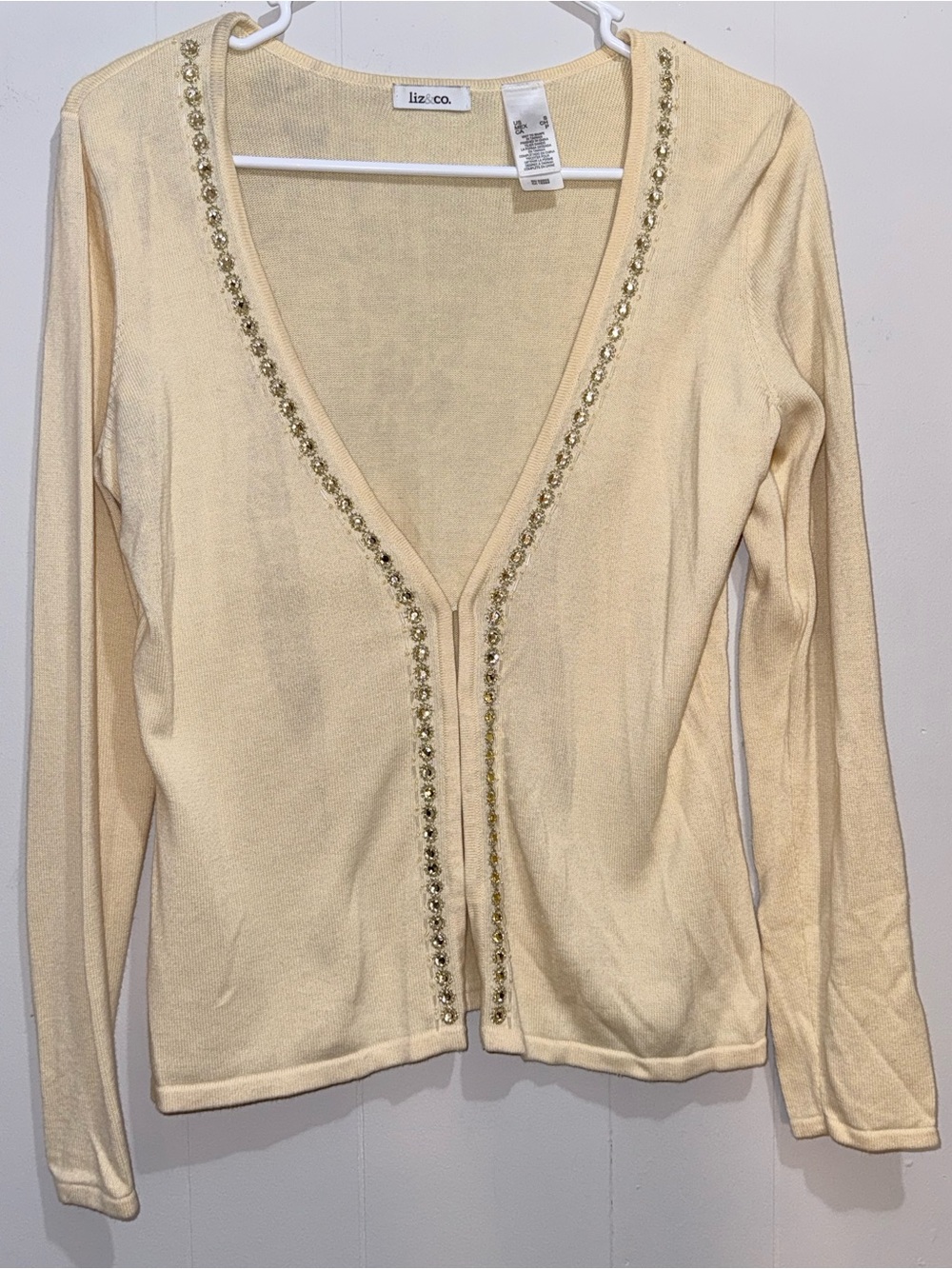 Liz & Co. Yellow Rhinestone Embellished Trim Knit Cardigan Sweater Small EUC